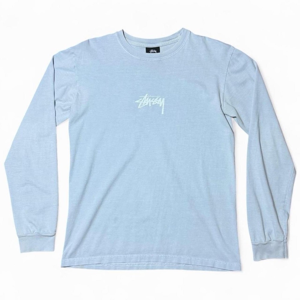 Vintage Y2K Baby Blue Stussy Long Sleeve Skater Streetwear Shirt Small 18x24.5